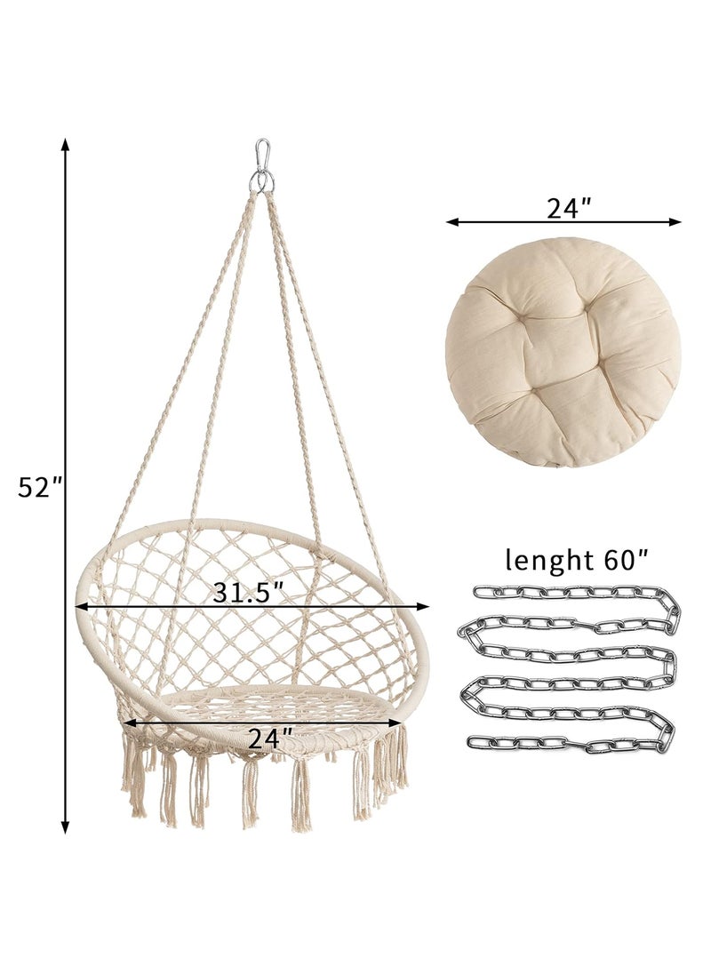 THE TOP KNOTT The Top Knott Hammock Chair Macrame Swing with Cushion and Durable Hanging Hardware Kits Handmade Knitted Mesh Hanging Rope Chair for Indoor Outdoor Bedroom Patio Deck Lounge Garden Beige  - Image 2