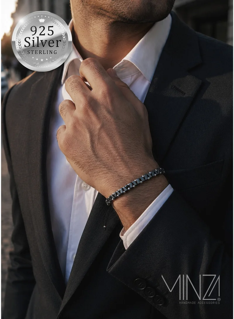 Minza Minza " Duke " Pure 925 Sterling Silver, Hematite Stone, Handmade Bracelet for Men, Beaded Bracelet, 2.00 grams of Silver, Jewelry for Casual & Special Occasion