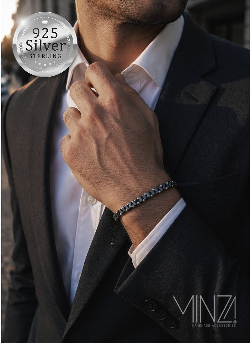 Minza " Duke " Pure 925 Sterling Silver, Hematite Stone, Handmade Bracelet for Men, Beaded Bracelet, 2.00 grams of Silver, Jewelry for Casual & Special Occasion - Image 1