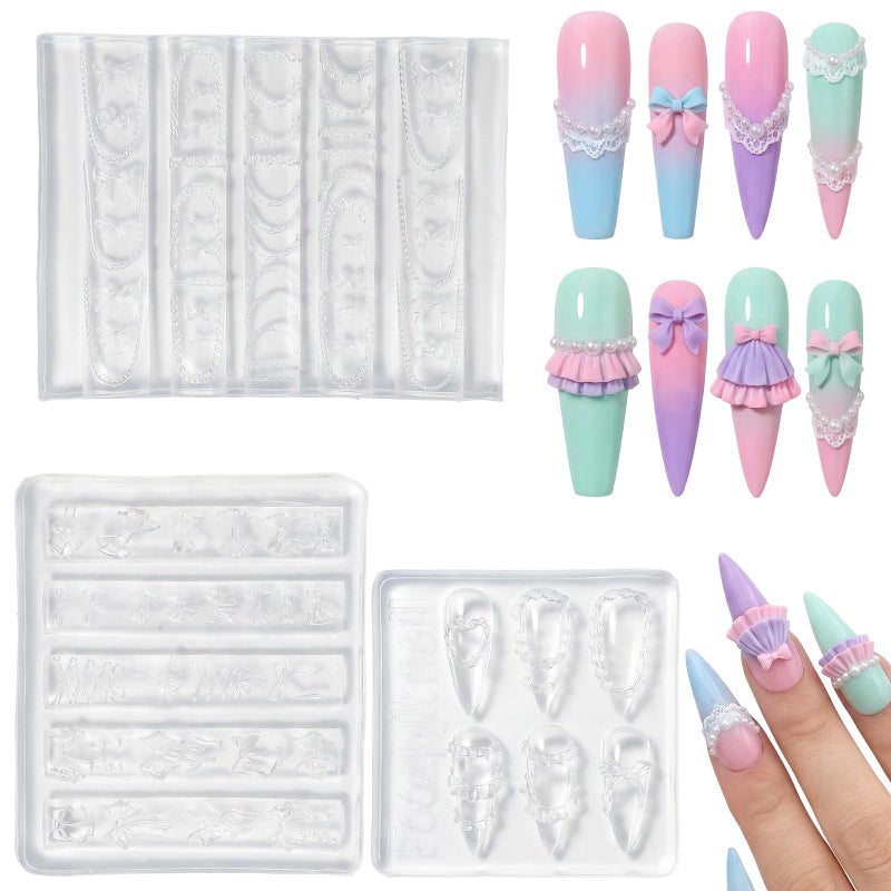 Sibba 3Pcs Bowknot Silicone Nail Molds 3D Cream Bow Charms Nail Mold Carving Template Stencil for Women Nails Art Fingertip Decoration Reusable Manicure Carved Mould Resin Mold - Image 3
