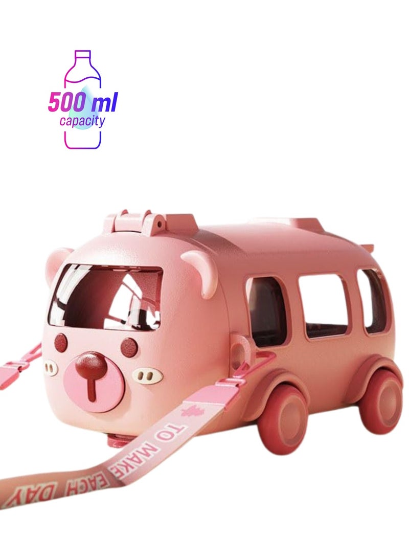 تويسو زجاجة مياه للأطفال بتصميم حافلة من Twisoo مع شفاطة وملصقات، زجاجة شرب بلاستيكية محمولة للفتيات والمدرسة والتخييم، مع حزام كتف (وردي) - Image 1