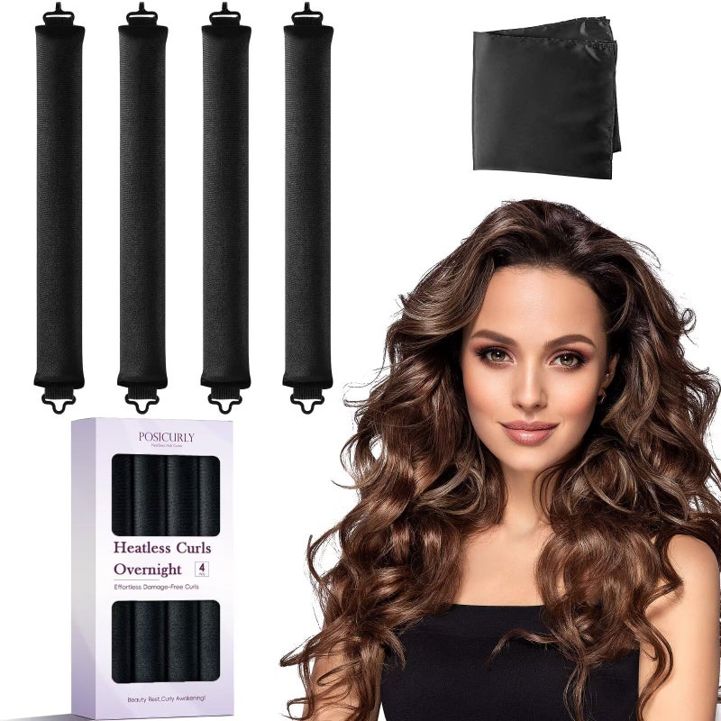 posicurly Heatless Curls Overnight Hair Curlers - 4 Pcs No-Heat Curling Rod to Sleep In,Velvet Hair Rollers with Satin Wrap - Image 1