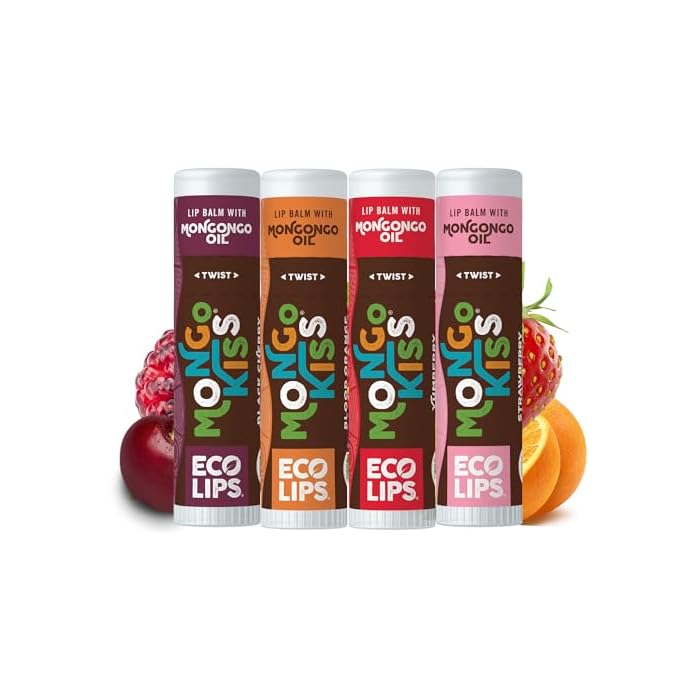 Eco Lips Mongo Kiss Organic Lip Balm 4 Pack Blood Orange, Yumberry, Strawberry Lavender, Black Cherry - 100 Percent USDA Organic - Soothe, Moisturize Dry