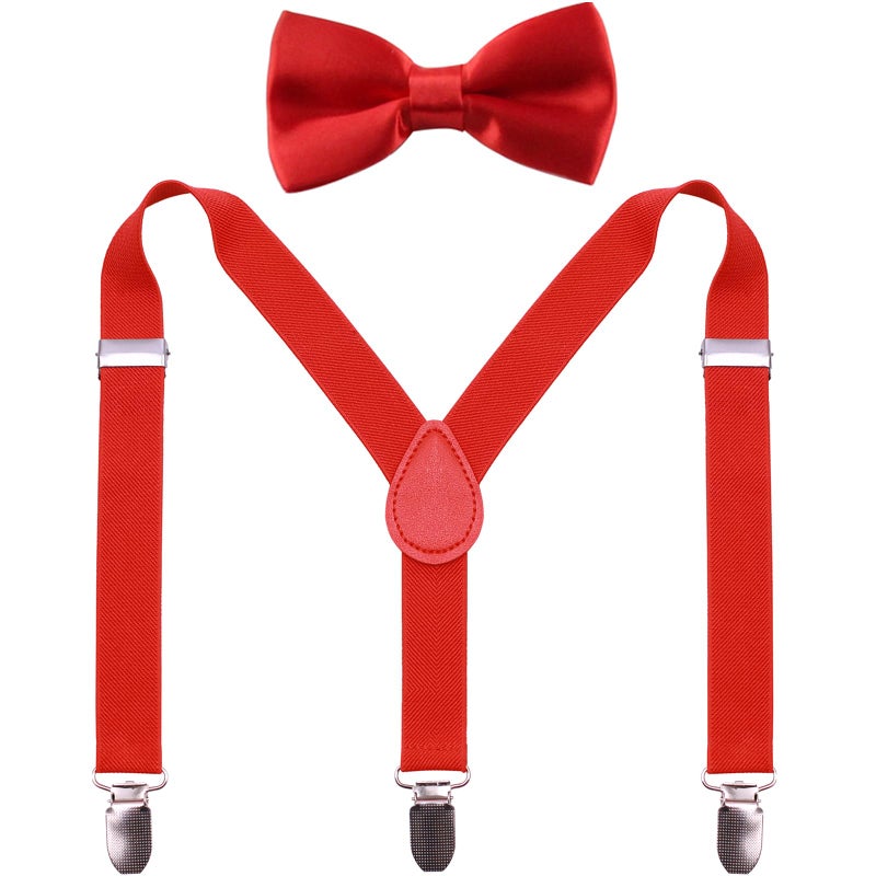 GUCHOL Red Suspenders Bow Tie for Boys and Girls Adjustable Elastic Classic Accessory Sets Age 1 to 13 Year (Red, 26 INCH (1-5 Year) - Image 1