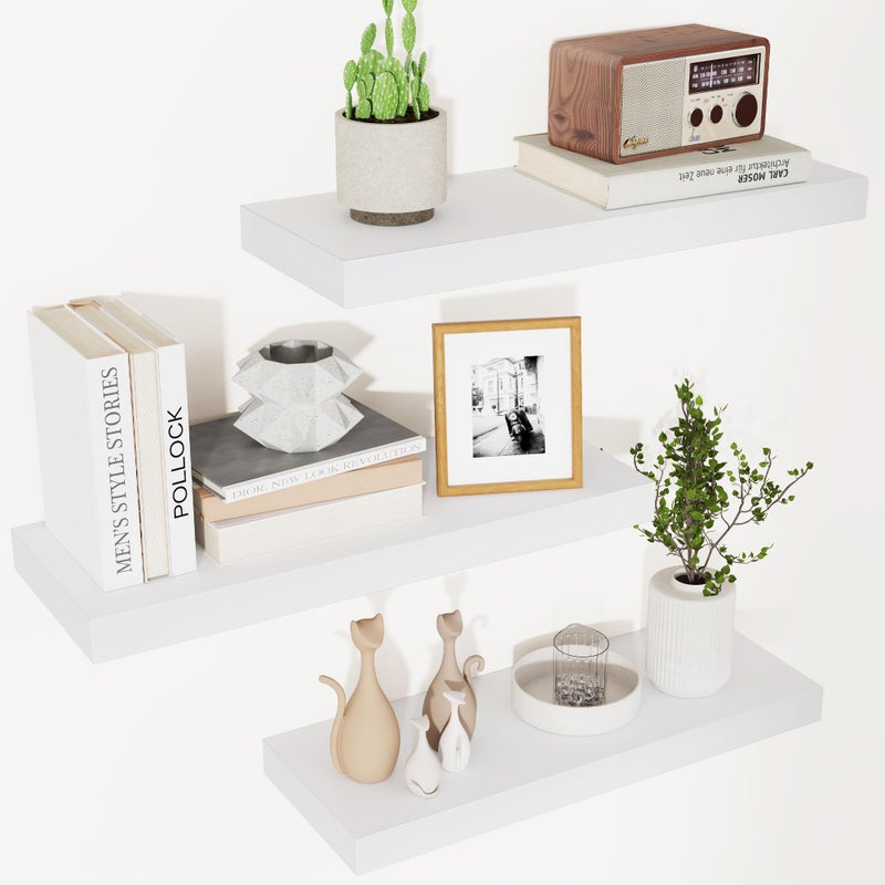 Modern Floating Shelves Set of 3  White Wooden Wall Shelves for Bedroom Living Room Bathroom Kitchen  Storage and Decor