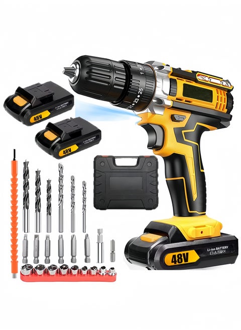 Cordless Electric Drill Kit 48V Electric Drill with 2 Batteries Rechargeable Driver 1500 RPM Speed 24 Accessories Perfect for Metal Wood and Wall