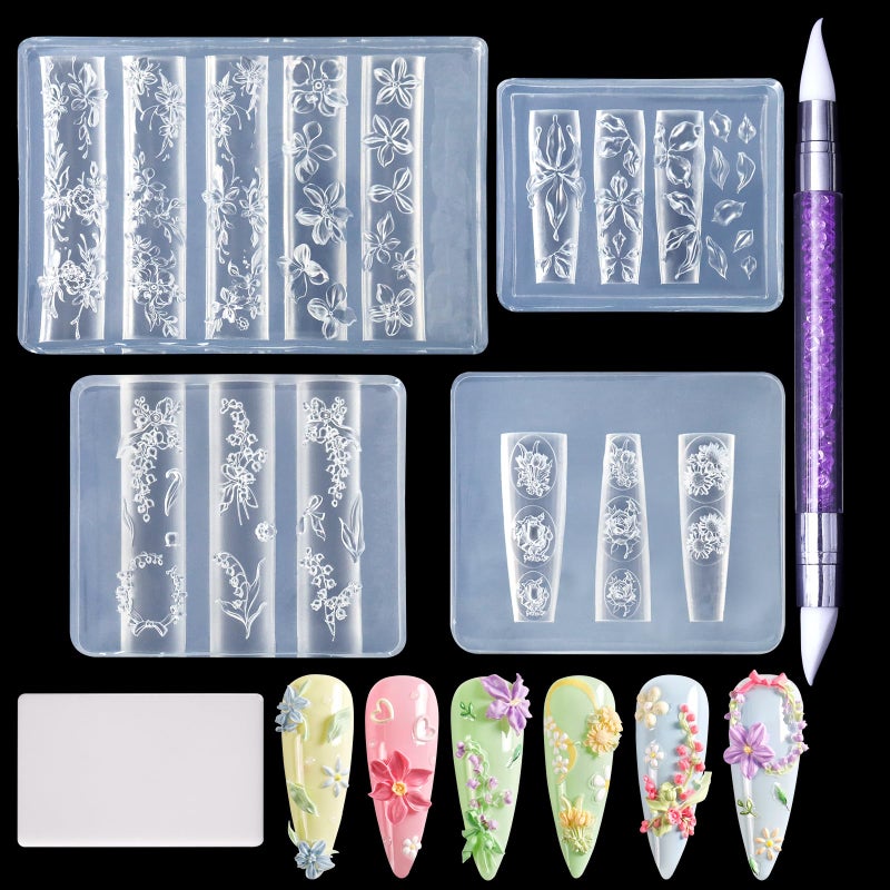 Laza 4pcs Silicone Nail Art Molds, Acrylic 3D Spring Summer Flower Nail Charms Molds Clear Modeling Templates Silicone Flowers Pattern Nail Tools with Sculpture Pen for Salon Nail Design - Image 1