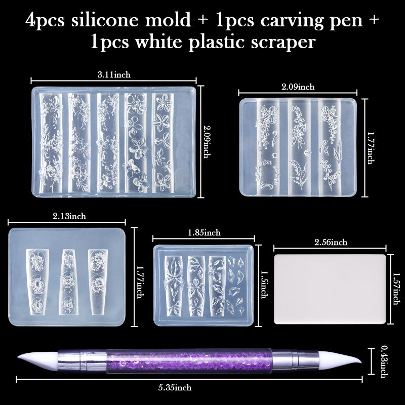 Laza 4pcs Silicone Nail Art Molds, Acrylic 3D Spring Summer Flower Nail Charms Molds Clear Modeling Templates Silicone Flowers Pattern Nail Tools with Sculpture Pen for Salon Nail Design - Image 3