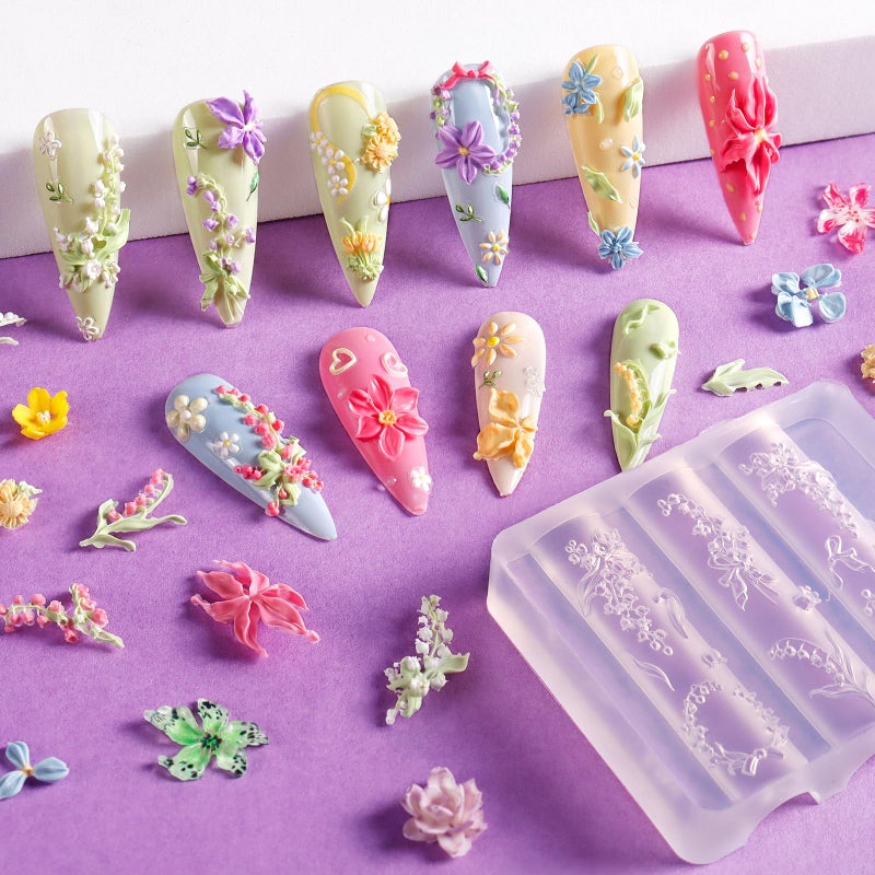 Laza 4pcs Silicone Nail Art Molds, Acrylic 3D Spring Summer Flower Nail Charms Molds Clear Modeling Templates Silicone Flowers Pattern Nail Tools with Sculpture Pen for Salon Nail Design - Image 2