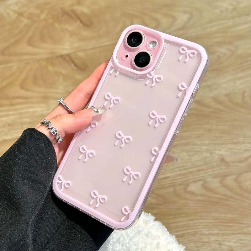 EYZUTAK Case for iPhone 15, Clear Cute Ribbon Bowknot Pattern Aesthetic Transparent Phone Case Raised Camera Protection Stylish Slim Soft Durable TPU Protective Cover for Women Girls - Pink - Image 1