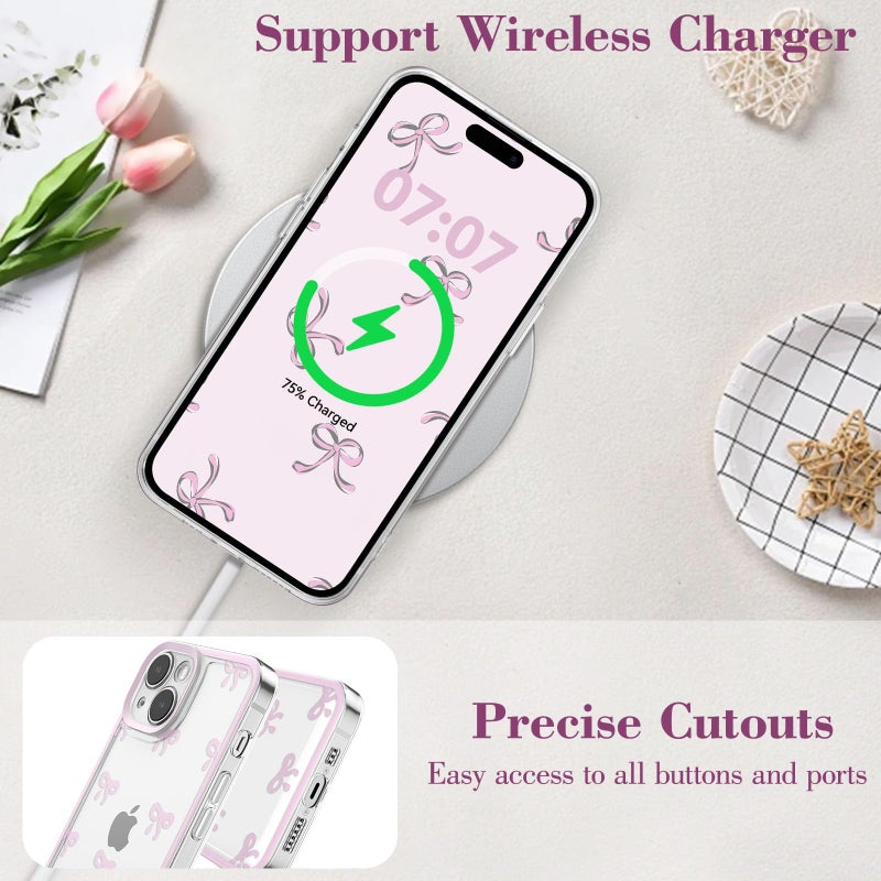 EYZUTAK Case for iPhone 15, Clear Cute Ribbon Bowknot Pattern Aesthetic Transparent Phone Case Raised Camera Protection Stylish Slim Soft Durable TPU Protective Cover for Women Girls - Pink - Image 5