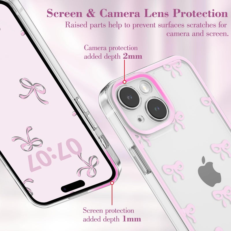 EYZUTAK Case for iPhone 15, Clear Cute Ribbon Bowknot Pattern Aesthetic Transparent Phone Case Raised Camera Protection Stylish Slim Soft Durable TPU Protective Cover for Women Girls - Pink - Image 2