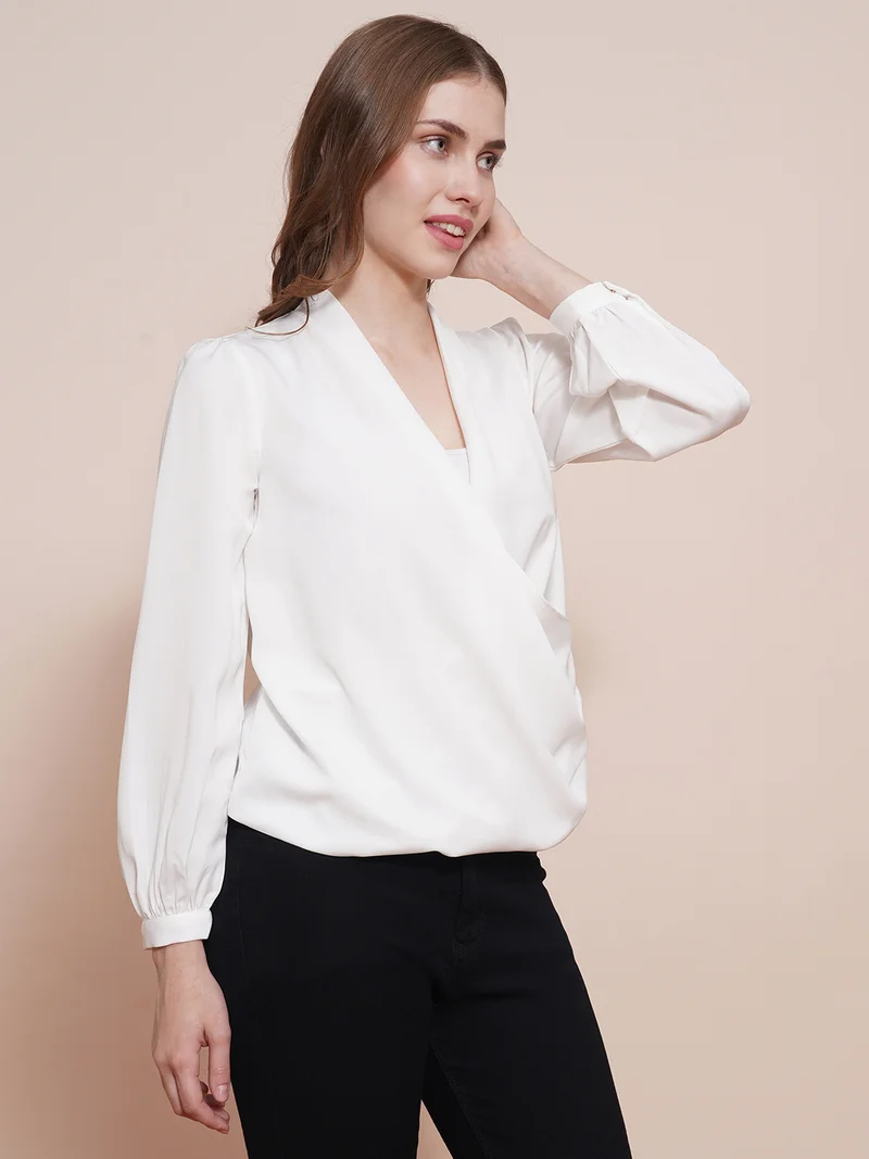 globus Women White Solid Wrap Neck Cuffed Sleeves Gathered Waist Satin Workwear Top