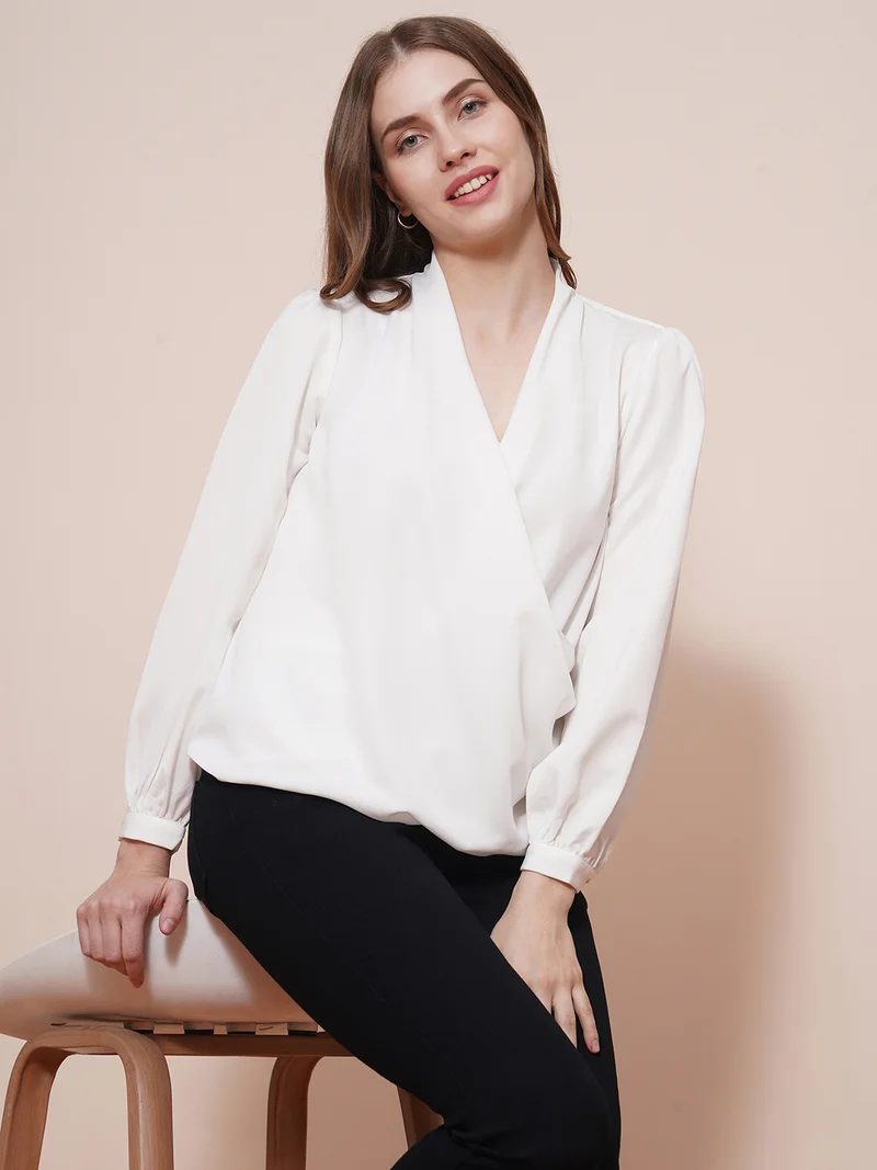 globus Women White Solid Wrap Neck Cuffed Sleeves Gathered Waist Satin Workwear Top