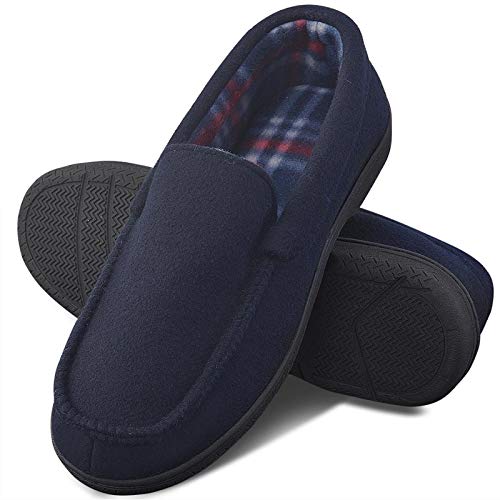 DL Men's Memory Foam Moccasin Slippers Breathable Moccasin Slippers Micro Wool House Shoes Anti-Slip Sole Indoor Outdoor, Navy, 10 - Image 1