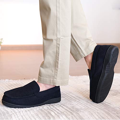 DL Men's Memory Foam Moccasin Slippers Breathable Moccasin Slippers Micro Wool House Shoes Anti-Slip Sole Indoor Outdoor, Navy, 10 - Image 2
