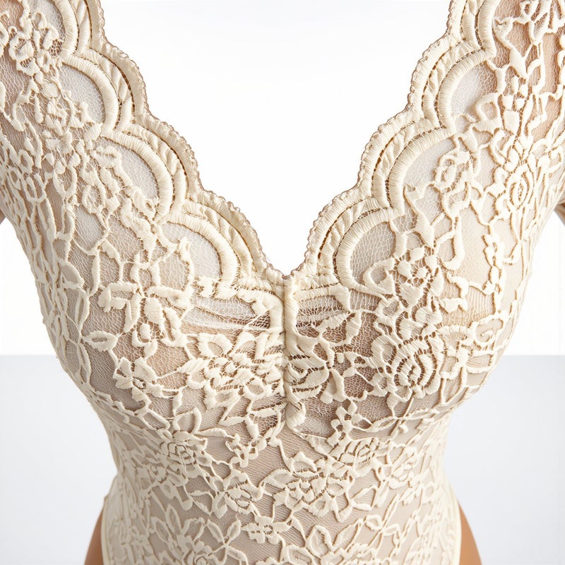 Lace Long Sleeve Bodysuit Scallop V Neck Sheer Slim Fit Lingerie Top XS White - Image 4