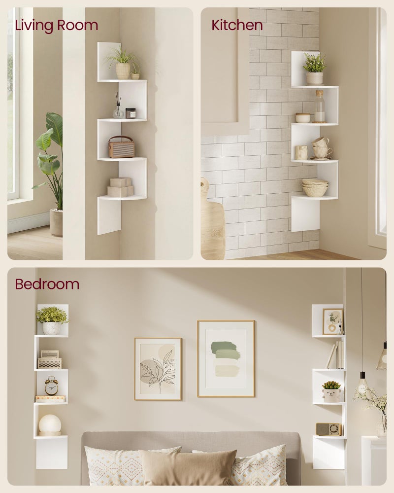 VASAGLE Set of 2, Corner Shelves Wall Mount, 4-Tier Floating Corner Bookshelves, Plant Shelves for Bedroom, Living Room, Bathroom, Home Office, Cloud White - Image 3