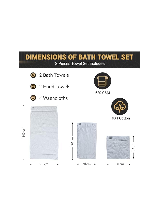 The Bros 680 GSM Premium Bath Towel Set – 8 Pieces (2 Bath Towels, 2 Hand Towels, 4 Washcloths) – 100% Combed Cotton, Highly Absorbent, Hotel & Spa Quality Towels for Bathroom (White) - Image 2