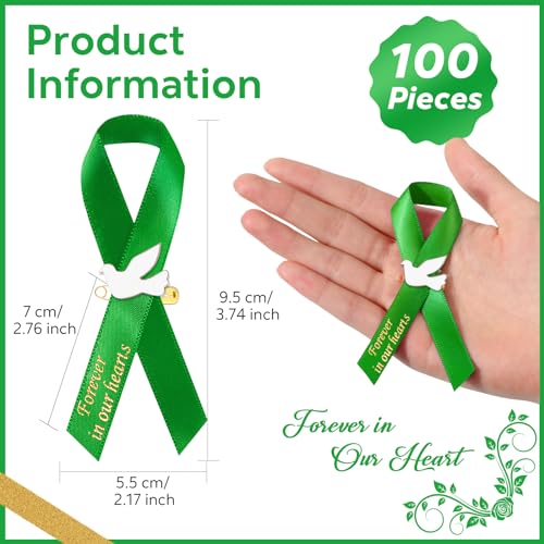 Geosar 100 Pcs Dove Funeral Memorial Ribbons Pins Memorial Service Respect Funeral Personalized Ribbon Bow with Safety Pins and White Dove for Mourning Remembrance Day Event(Green) - Image 2