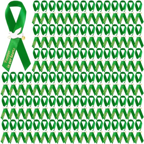 Geosar 100 Pcs Dove Funeral Memorial Ribbons Pins Memorial Service Respect Funeral Personalized Ribbon Bow with Safety Pins and White Dove for Mourning Remembrance Day Event(Green) - Image 1