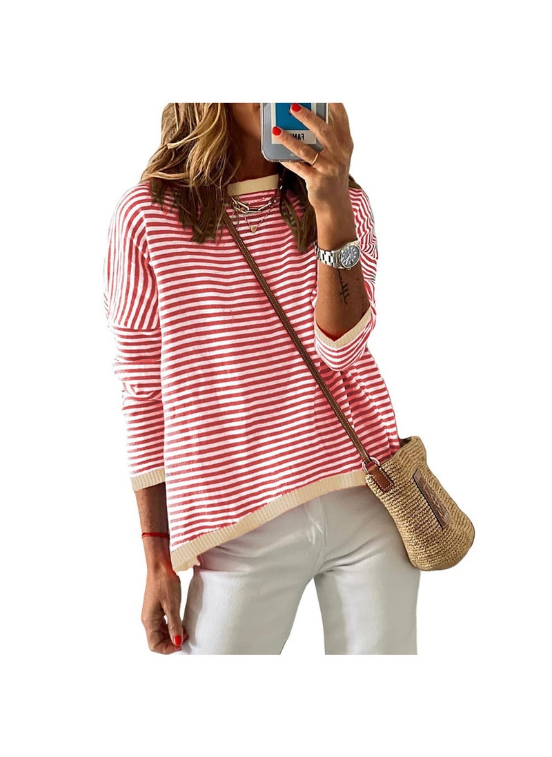 2024 Autumn Winter Striped Colorblock Womens Sweater Red  - Image 1
