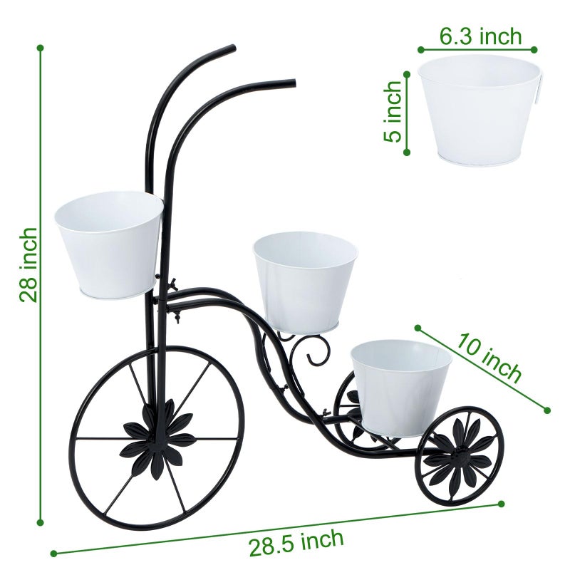 BAYN Bicycle Planter Stand, Metal Flower Pot Cart Holder Tricycle Planter with 3 Plant Bucket Outdoor Decorative for Patio, Deck, Garden or Lawn - Image 3