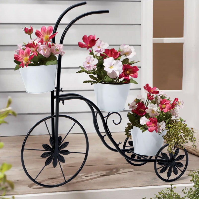 BAYN Bicycle Planter Stand, Metal Flower Pot Cart Holder Tricycle Planter with 3 Plant Bucket Outdoor Decorative for Patio, Deck, Garden or Lawn - Image 1