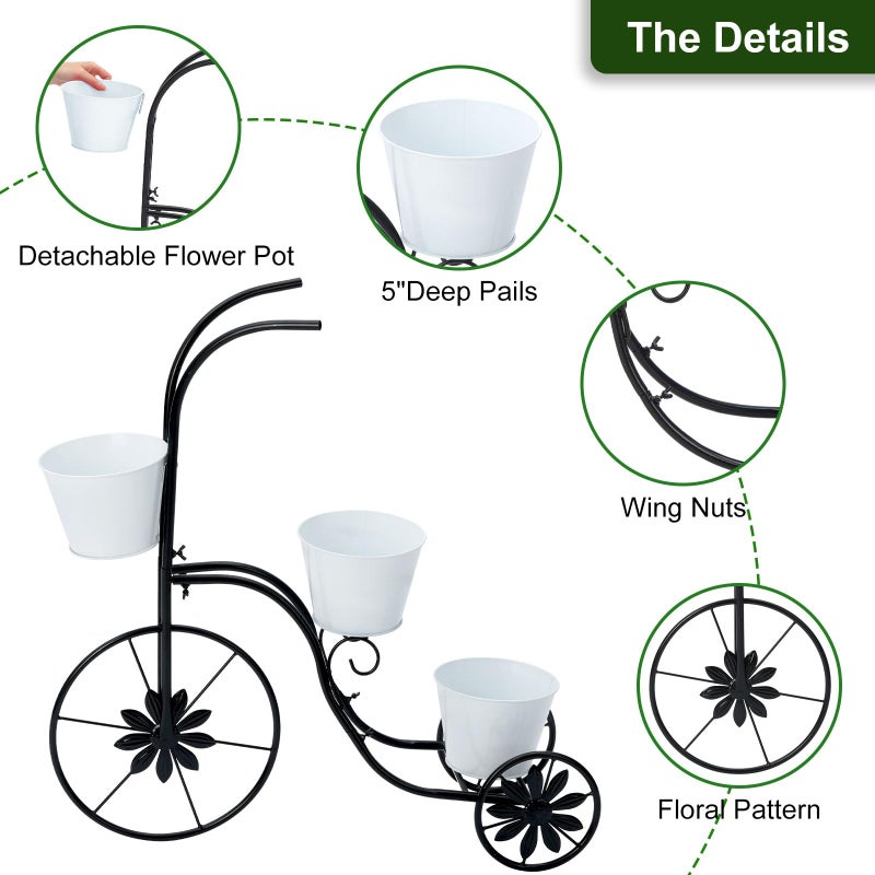 BAYN Bicycle Planter Stand, Metal Flower Pot Cart Holder Tricycle Planter with 3 Plant Bucket Outdoor Decorative for Patio, Deck, Garden or Lawn - Image 4