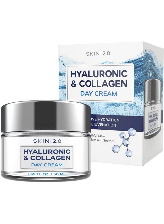 Skin 2.0 مرطب يومي للوجه بحمض الهيالورونيك والكولاجين لترطيب يدوم طويلاً ومضاد للشيخوخة وكريم نهاري لشد البشرة خالي من القسوة للعناية بالبشرة لجميع أنواع البشرة 1.69 أونصة سائلة - Image 2
