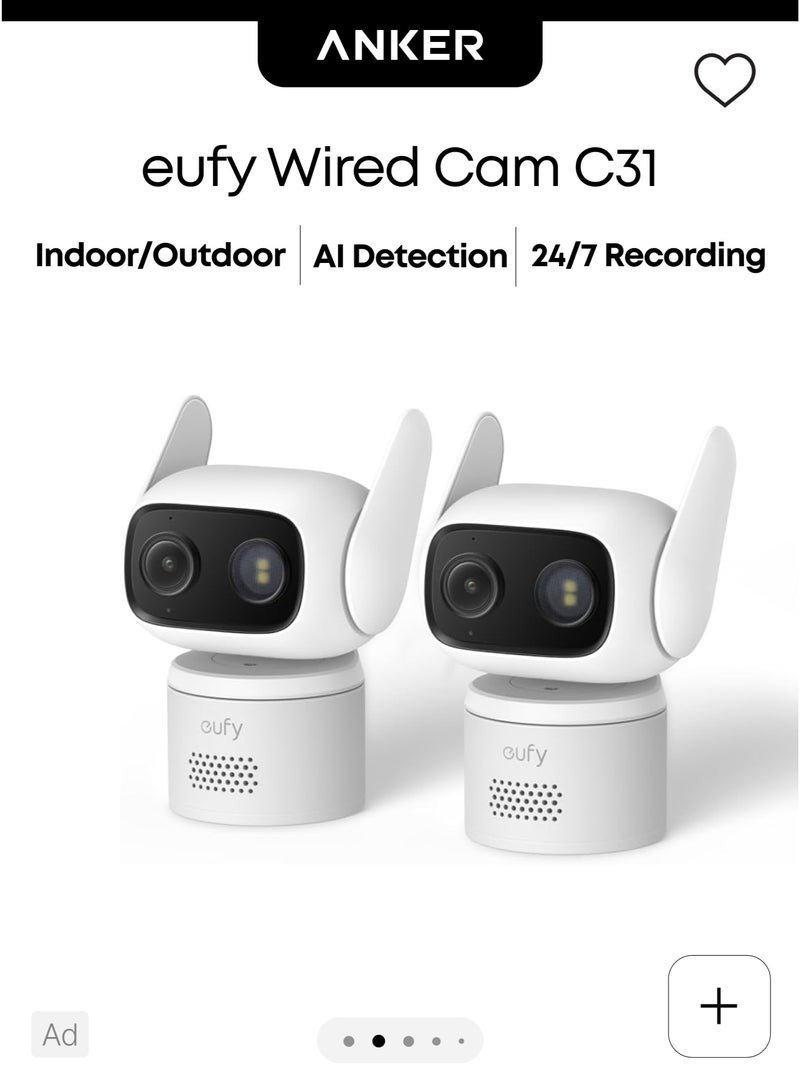 إيوفي eufy Wired Cam C31 2-Pack، تغطية 360° بتدوير وانحدار، داخل وخارج المبنى، هوائي مزدوج، رؤية ليلية ملونة، تخزين محلي، لا رسوم شهرية، اكتشاف ذكاء اصطناعي للأشخاص/المركبات/الحيوانات الأليفة/الصراخ، تسجيل 24 ساعة في اليوم و7 أيام في الأسبوع - Image 1
