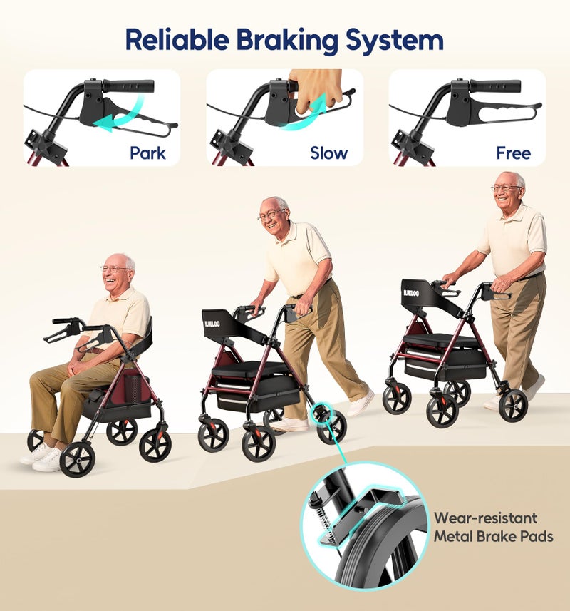 Bluelog Walkers for Seniors Rollator Walkers with Seat, 350lb Capacity with Cup Holder & Cane Holder, 8'' All Terrain Wheels, Adjustable Handles and Seat Height, Foldable Design, Burgundy - Image 3