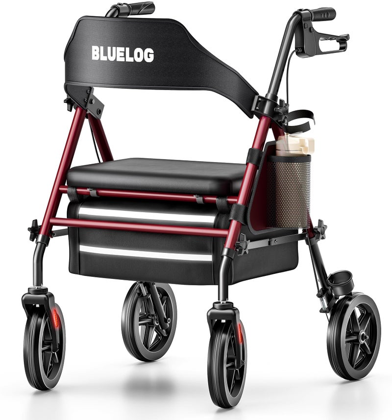 Bluelog Walkers for Seniors Rollator Walkers with Seat, 350lb Capacity with Cup Holder & Cane Holder, 8'' All Terrain Wheels, Adjustable Handles and Seat Height, Foldable Design, Burgundy - Image 1