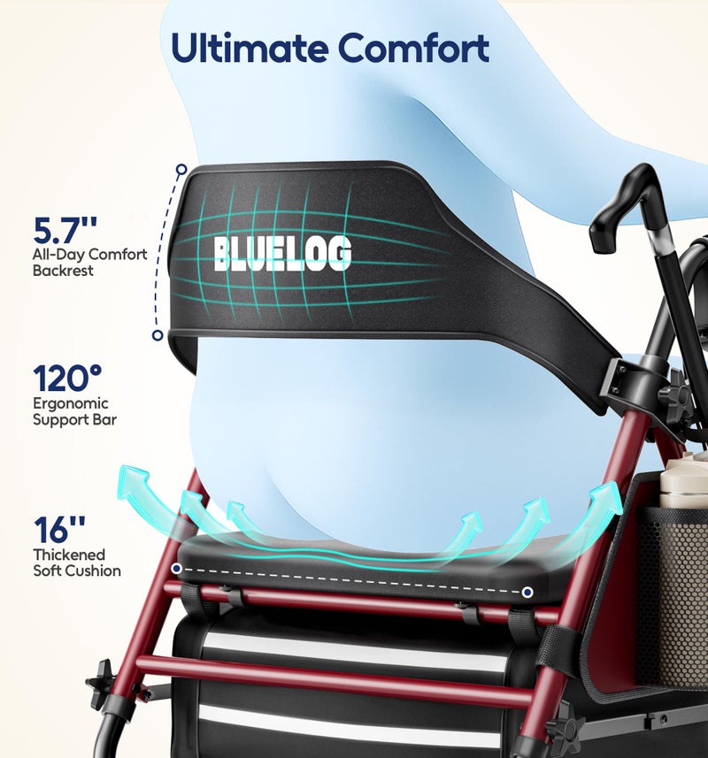 Bluelog Walkers for Seniors Rollator Walkers with Seat, 350lb Capacity with Cup Holder & Cane Holder, 8'' All Terrain Wheels, Adjustable Handles and Seat Height, Foldable Design, Burgundy - Image 4