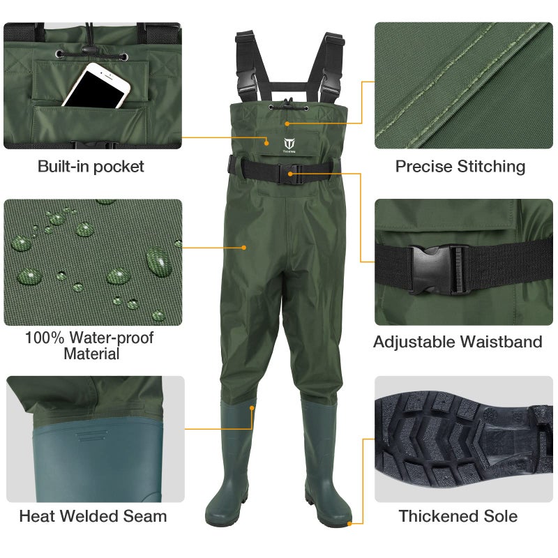 TIDEWE Bootfoot Chest Wader, 2-Ply Nylon/PVC Waterproof Fishing & Hunting Waders with Boot Hanger for Men and Women Green Size 10 - Image 3
