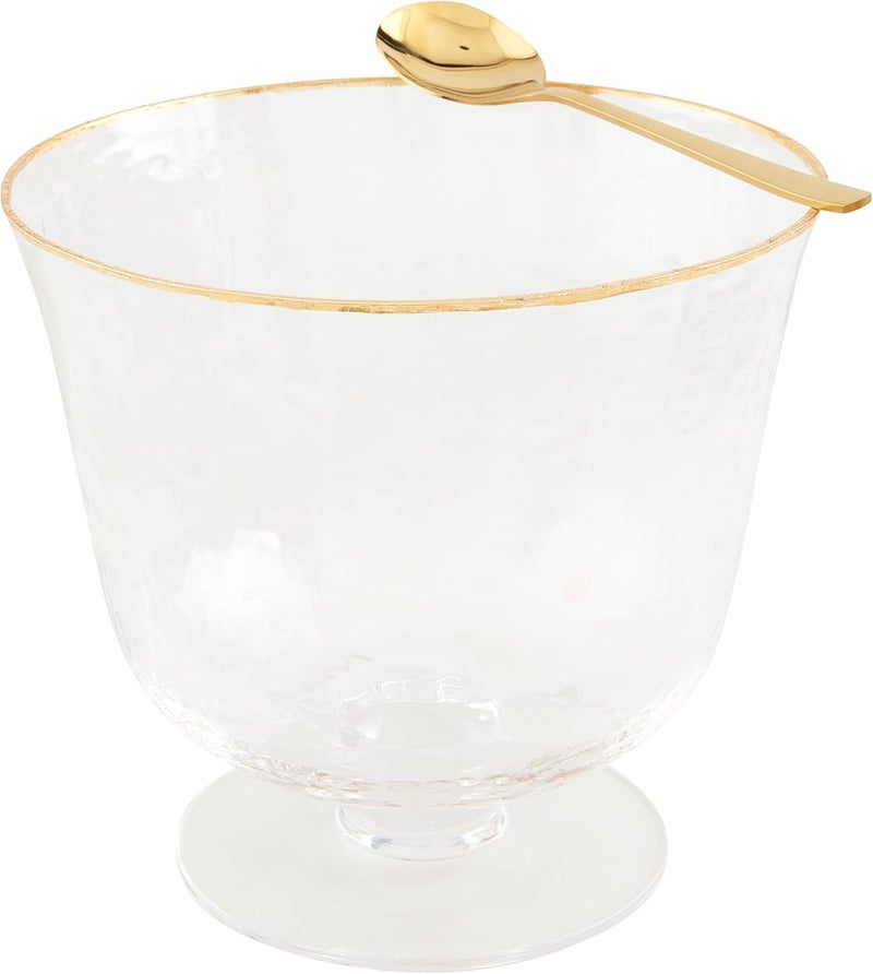 Mud Pie Gold Edge Glass Pedestal bowl 8 x 8 12 dia  spoon 5 12 Clear