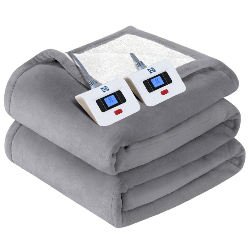 Sealy Electric Blanket King Size Flannel Sherpa Heated Blanket with 10 Heating Levels 112 Hours Auto Shut Off Fast Heating Warming Blanket Machine Washable Light Grey 100 x 90 Inch