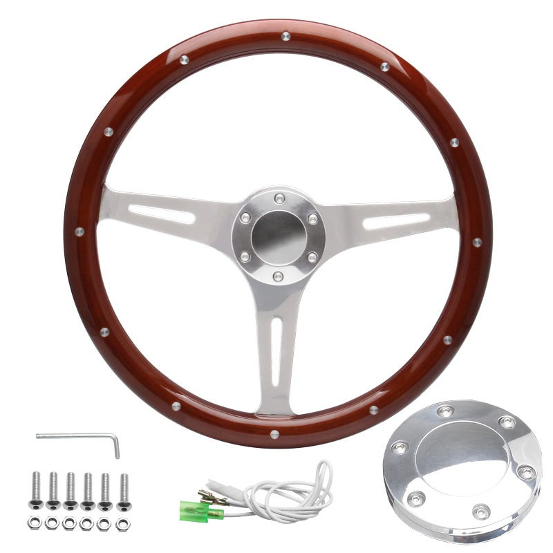 15 Classic Wood Grain Steering Wheel Riveted Light Wood Grip Universal Automotive Steering Wheels Slotted 3 Spoke with Horn Button