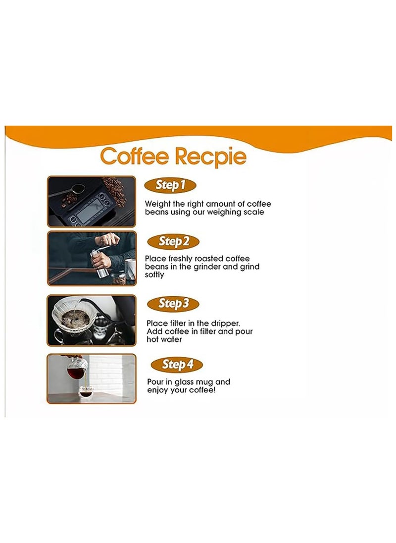 Denx DENX V60 Coffee Kit | Pour Over Coffee Maker | Includes Coffee Scale, Glass Dripper, Hand Mill, Pour Pot, Paper Filter, and Double Mugs  - Image 4