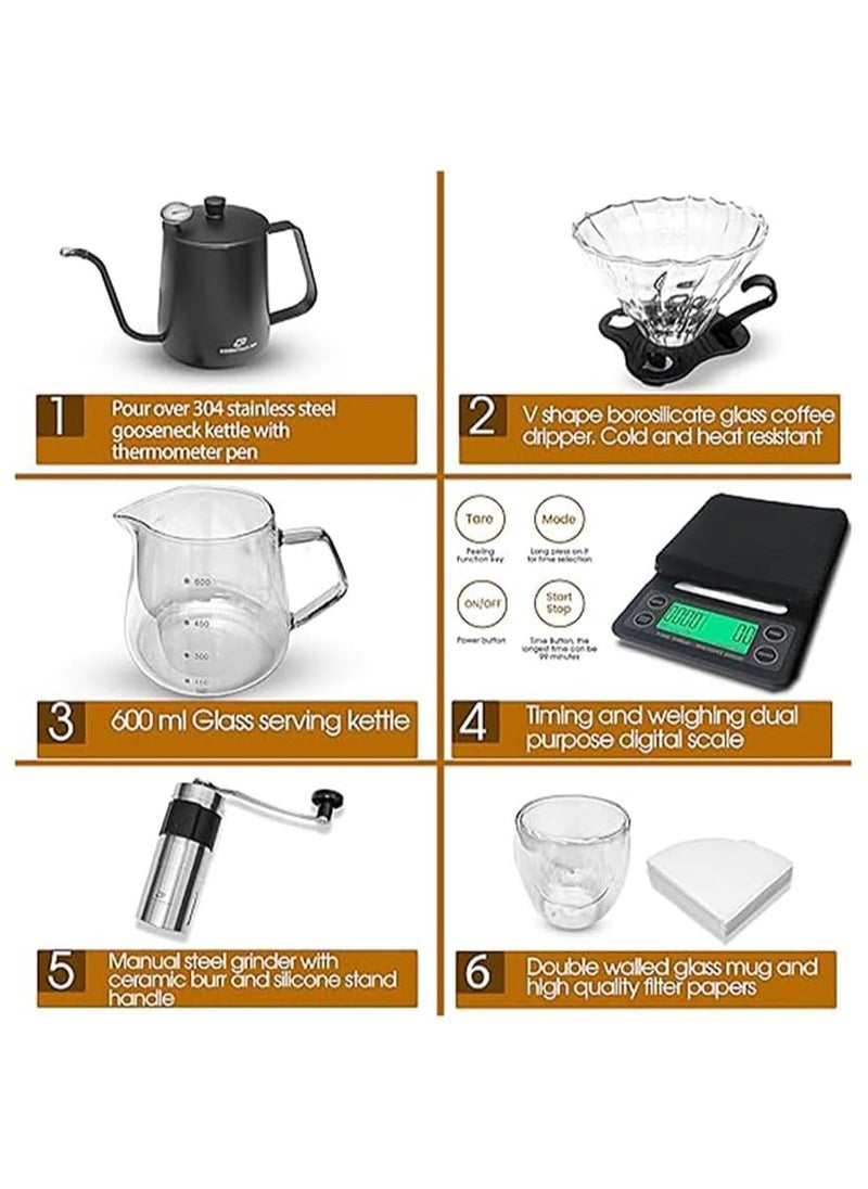 Denx DENX V60 Coffee Kit | Pour Over Coffee Maker | Includes Coffee Scale, Glass Dripper, Hand Mill, Pour Pot, Paper Filter, and Double Mugs  - Image 2