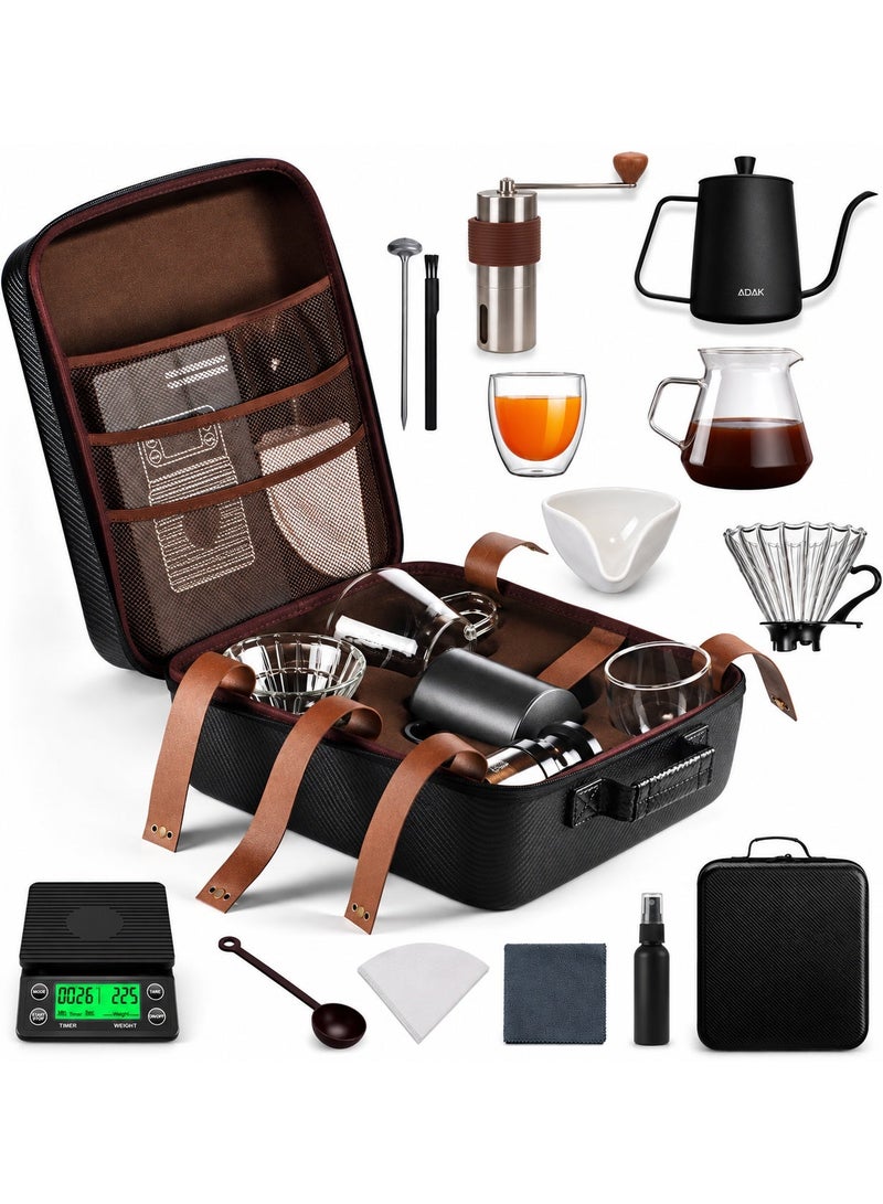 ADAK 15 in 1 | V60 Coffee Kit | Pour Over Coffee Maker | Includes Coffee Scale, Glass Dripper, Hand Mill, Pour Pot, Paper Filter, and Double Mugs - Image 1