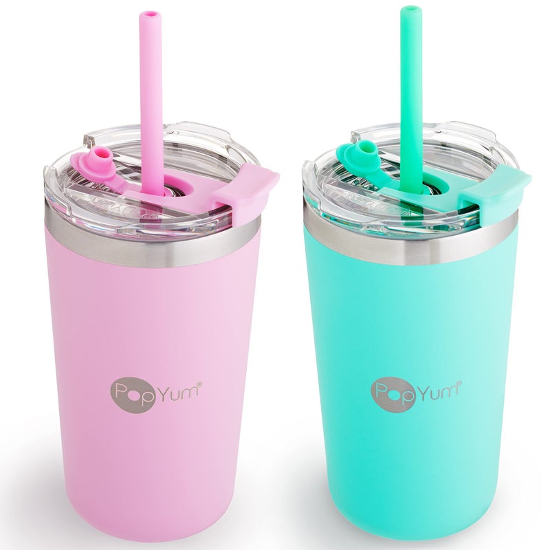 PopYum 13oz Insulated Stainless Steel Kidsâ€™ Cups with Lid and Straw, 2-Pack, Green, Pink, stackable, sippy, baby, child, toddler, tumbler, double wall, vacuum, leak proof - Image 1