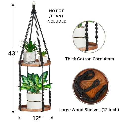Shineloha 2 Tier Macrame Plant Hanger | Plant Hanger Indoor, Hanging Planter | Hanging Planter Shelf (Black) (Large, 12" Shelf) - Image 2
