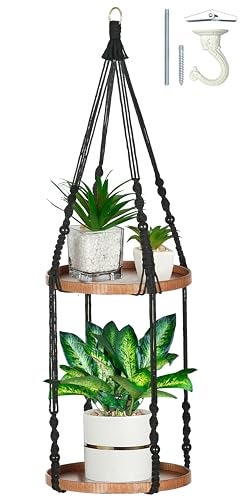 Shineloha 2 Tier Macrame Plant Hanger | Plant Hanger Indoor, Hanging Planter | Hanging Planter Shelf (Black) (Large, 12" Shelf) - Image 1