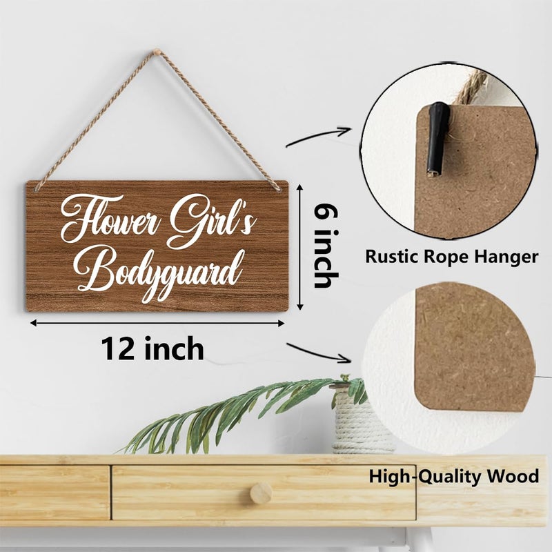 BELLOWDEER Flower Girl's Bodyguard Sign  Ring Bearer Sign  Rustic Wedding Signs Wedding Decor Weddings Stuff Engagement Decorations 12x6 Inches (Brown) - Image 2