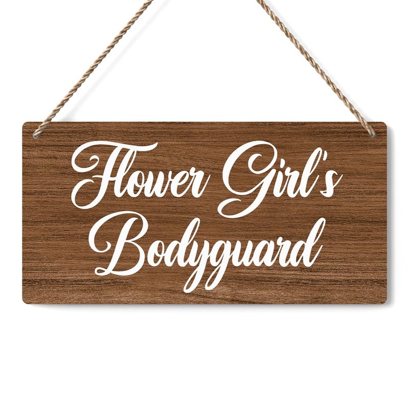 BELLOWDEER Flower Girl's Bodyguard Sign  Ring Bearer Sign  Rustic Wedding Signs Wedding Decor Weddings Stuff Engagement Decorations 12x6 Inches (Brown) - Image 1