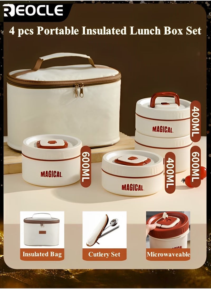 REOCLE Bento Box Adult Lunch Box Set 4 Pack Portable Insulated Lunch Containers with Thermal Bag and Free Cutlery Stackable Stainless Steel Leakproof Food Containers Adults & Teens & Kids  - Image 1