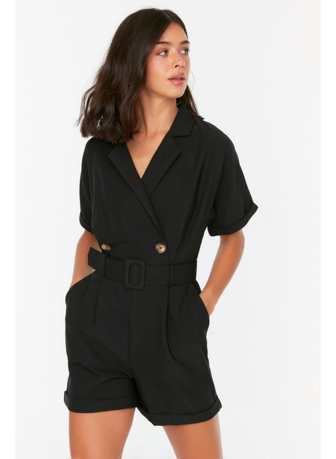 trendyol Black Belted Ribbed Collar Mini Woven Jumpsuit TWOSS19WX0112 - Image 1