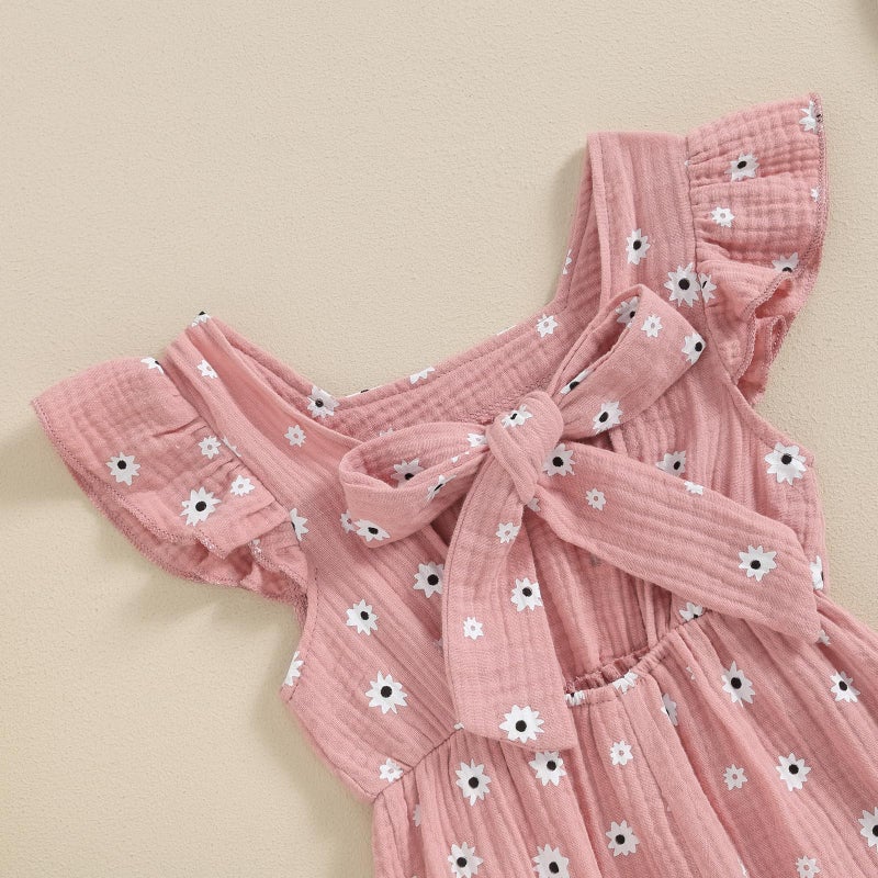 GOOCHEER Toddler Baby Girls Outfit Flower Print Jumpsuit Sleeveless Bowknot Romper Overall Pants Summer Clothes (Pink, 2-3 Years) - Image 3