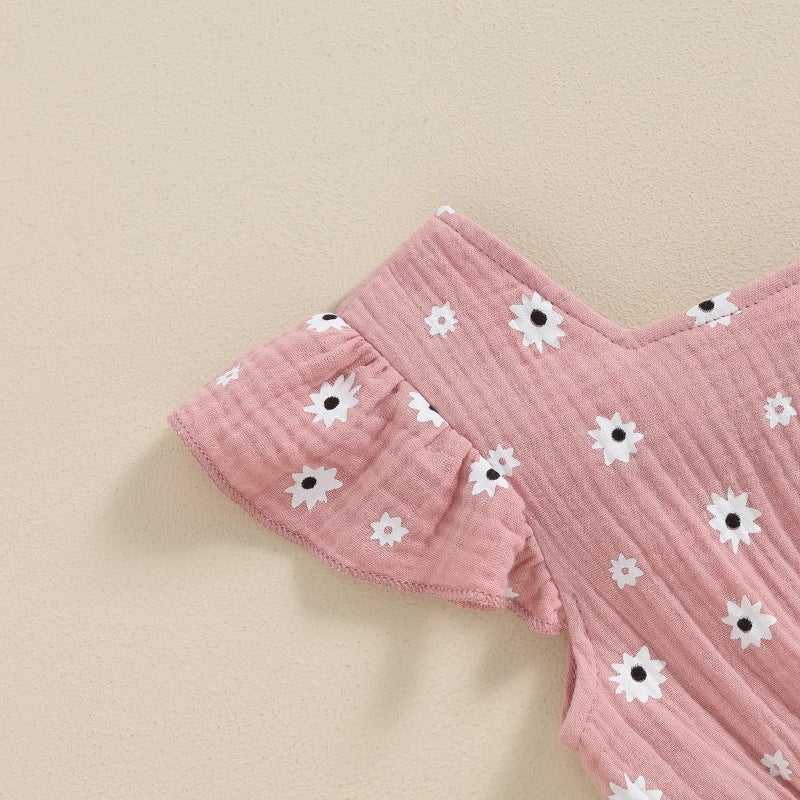 GOOCHEER Toddler Baby Girls Outfit Flower Print Jumpsuit Sleeveless Bowknot Romper Overall Pants Summer Clothes (Pink, 2-3 Years) - Image 2